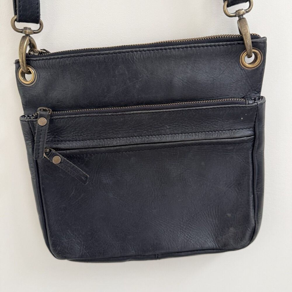 Fat Face Black Leather Triple Zipper Crossbody Purse Bag Boho